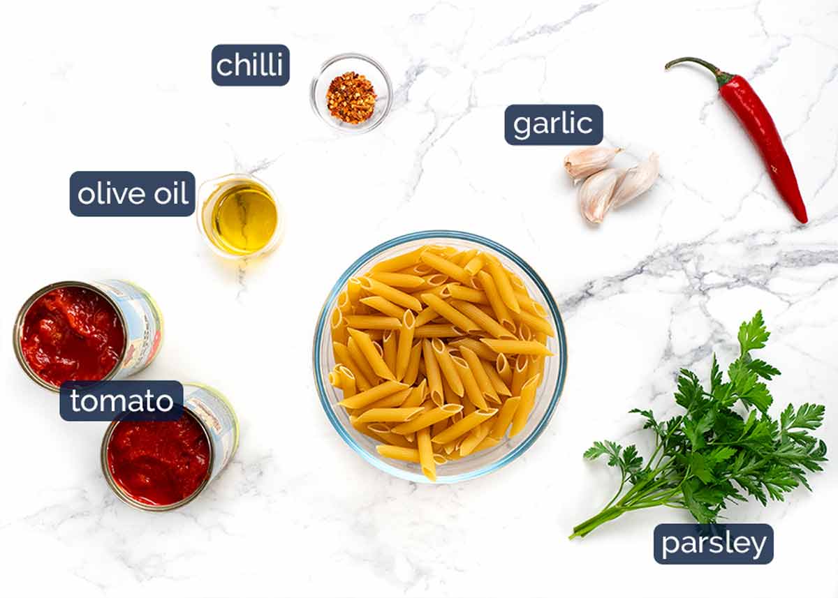 Ingredients in Penne all'arrabbiata (spicy tomato pasta)
