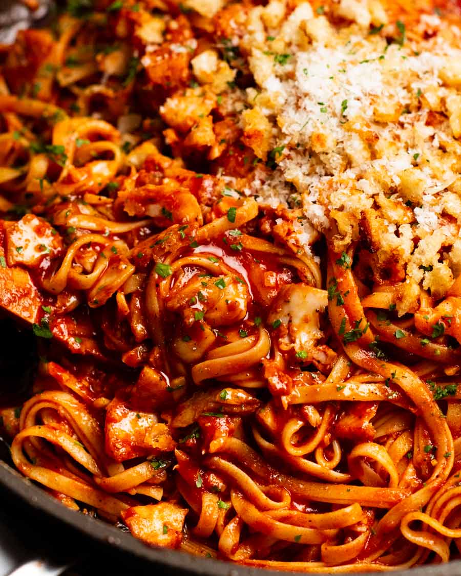 Close up photo of Calabrian fish ragu pasta