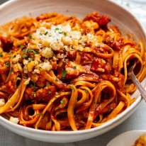 Bowl of Calabrian fish ragu pasta ready to be eaten