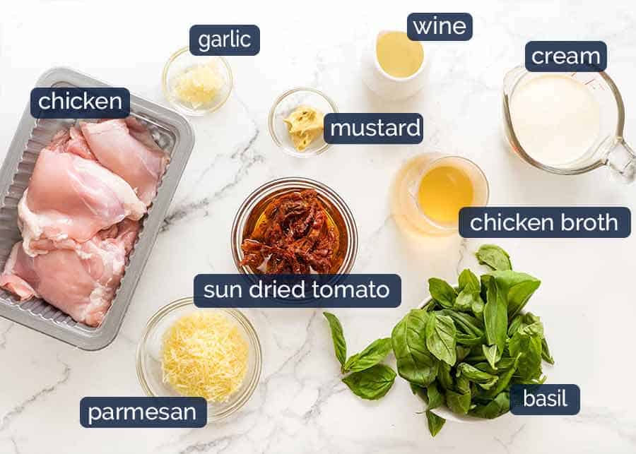 Ingredients for creamy sauce with sun dried tomatoes