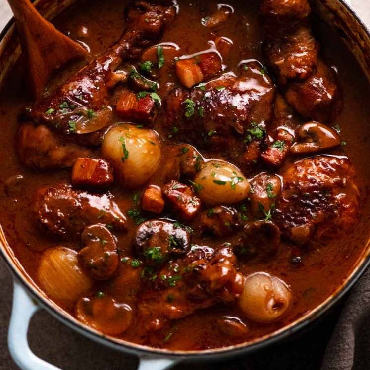 Coq au Vin in a pot, ready to be served