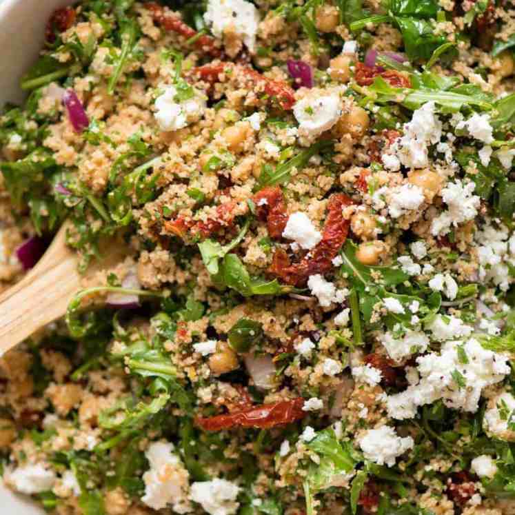 A 12 minute giant no-cook couscous salad with feta and sun dried tomatoes. A terrific side or satisfying lunch - and it keeps well for days!