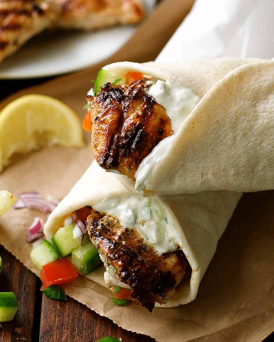 Close up of Greek Chicken Gryos wrap - easy Gyros recipe!