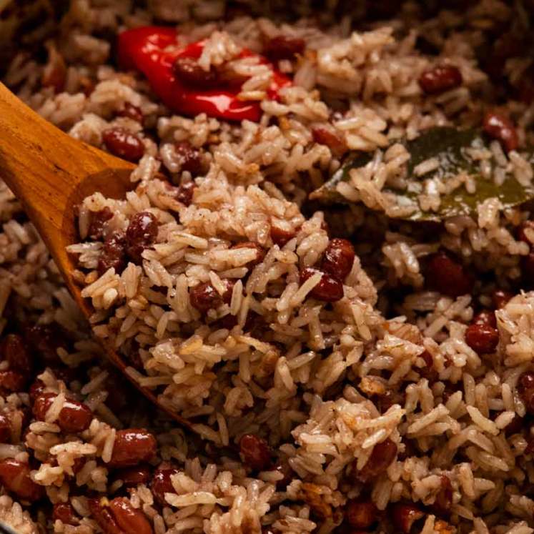 Close up of Jamaican Coconut Rice and Peas (Beans)