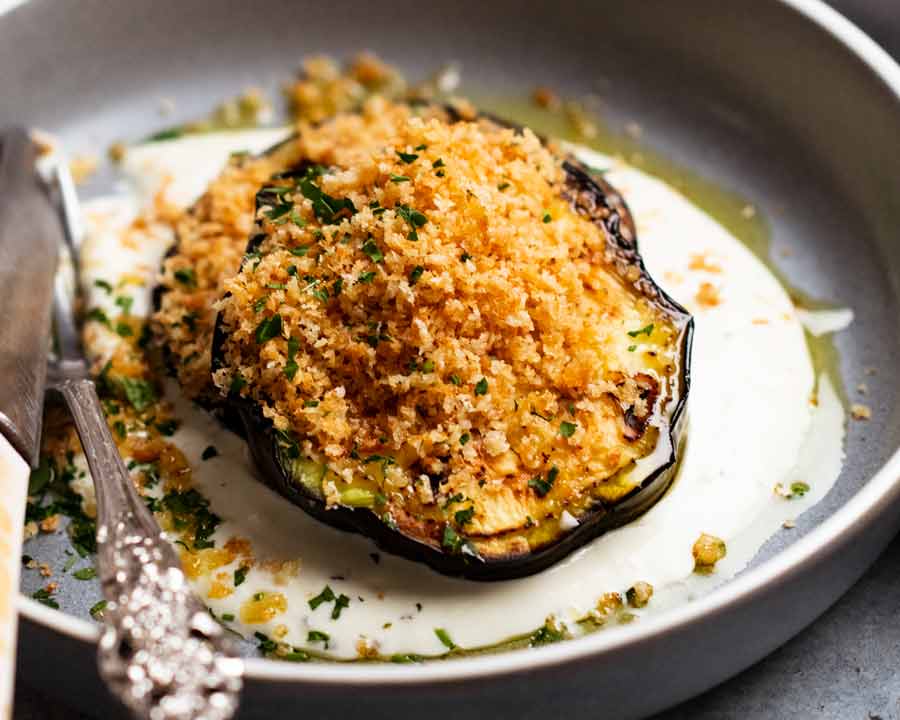Almost oil-free Pan Fried Eggplant with a mountain of parmesan breadcrumbs