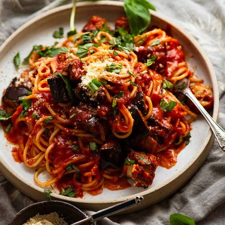 Pasta all Norma - Eggplant Pasta on a plate ready to be served