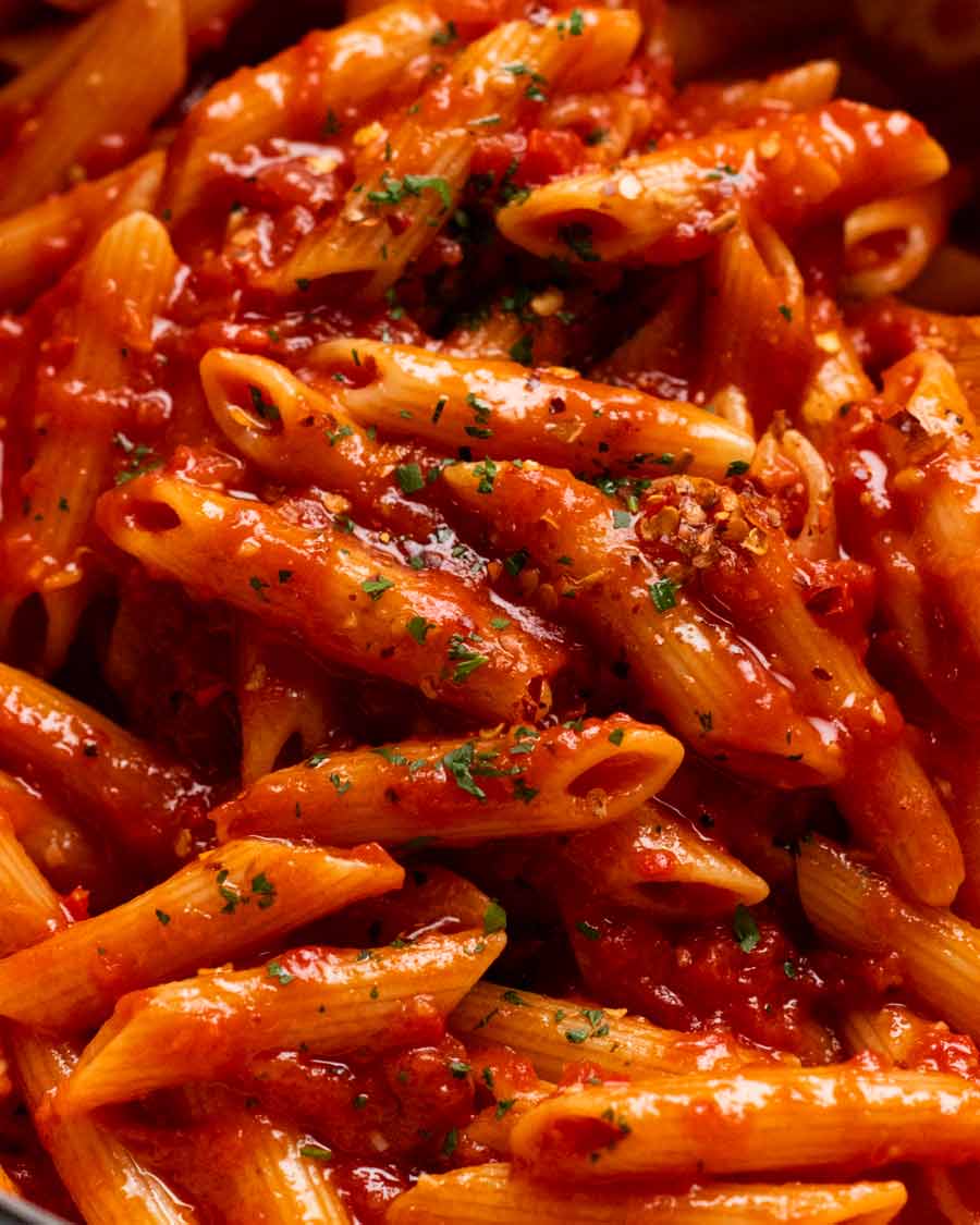 Close up of Penne all'arrabbiata (spicy tomato pasta)