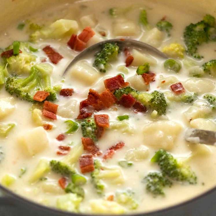 Close up of Broccoli and Potato Soup in a pot, ready to be served