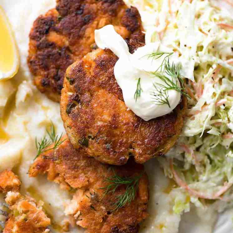 Tender insides studded with flakes of salmon, golden on the outside, these Salmon Patties are baked, not fried. Ultimate transformation of canned salmon - or use fresh! recipetineats.com