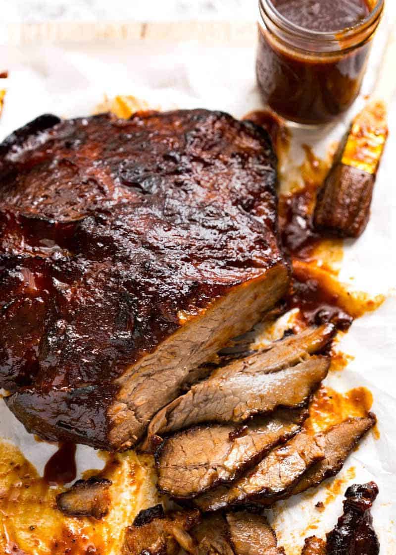 Overhead photo of Slow Cooked Beef Brisket with BBQ Sauce